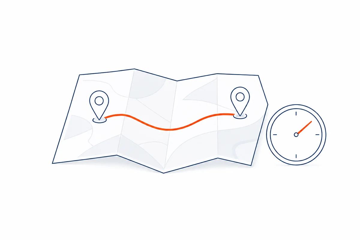A folded map with a planned route, two location points, a clock, and a distance range.